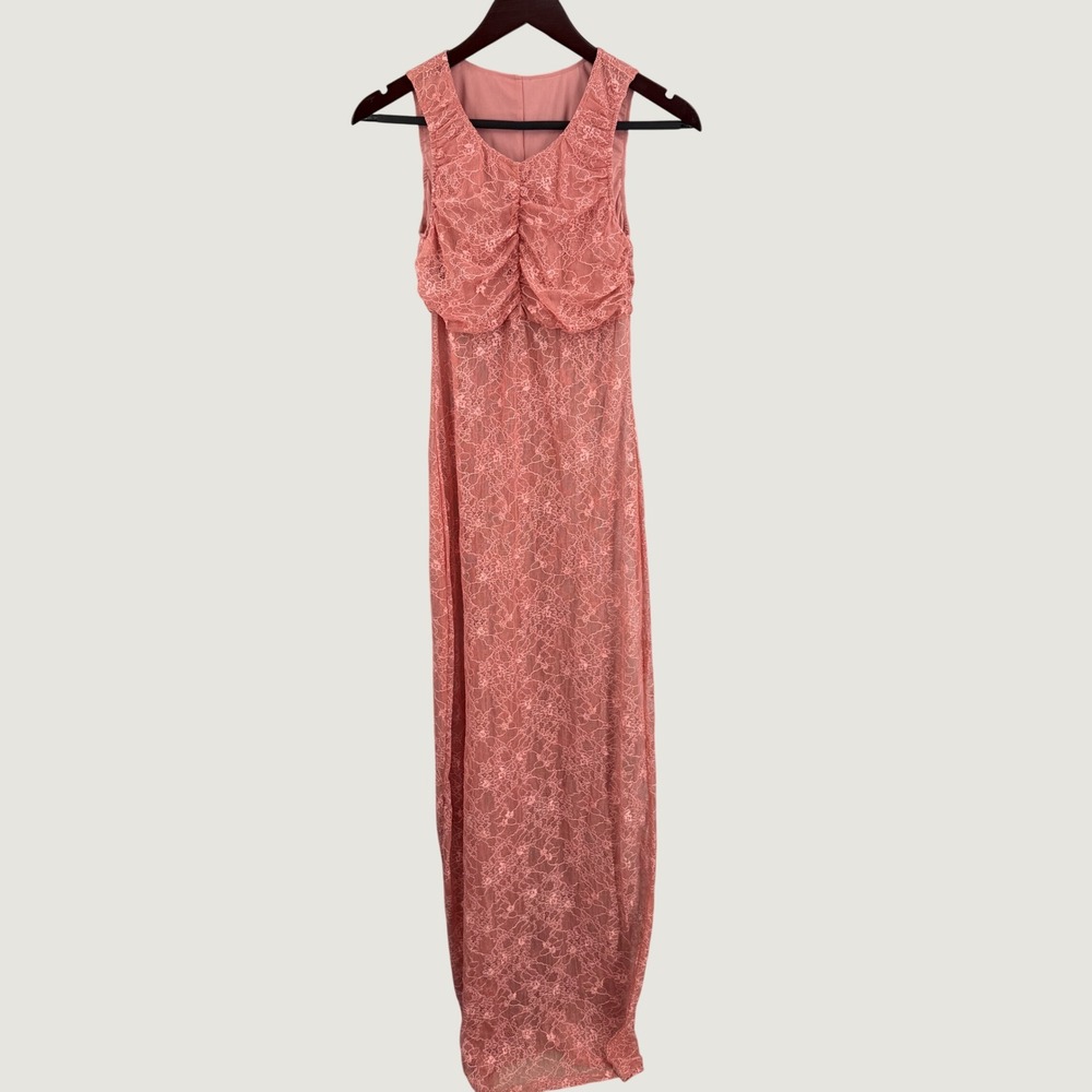 The Garment Copenhagen Santa Monica‎ Dress Size 6 Pink Lace Ruched Sheer Maxi